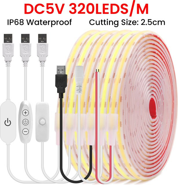 HEGEHE IP68 Wasserdichter COB-LED-Streifen mit 320 LEDs/m, 5V USB-Anschluss, flexibles Silikon-Lichtband für Haus- und Gartendekoration in Weiß - Bild 1