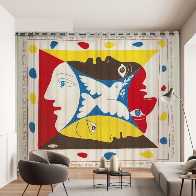 A Family Of Home Textiles Vorhang mit Picasso Friedenstaube Motiv, Abstraktes Design in Multicolour, halbtransparent, B: 70 cm, H: 245 cm, 2er-Set mit Ösen - Bild 1