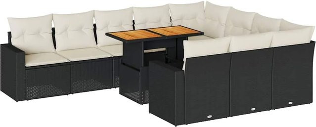 vidaXL 11-tlg Garten-Sofagarnitur in U-Form aus Poly-Rattan und Akazienholz mit Kissen in Schwarz-Creme - Bild 1