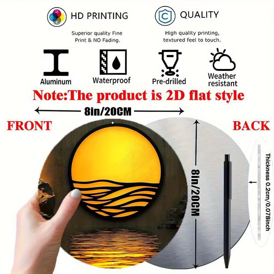 Potdemiel Wandkunst aus Aluminium, kreisförmige abstrakte Hängedekoration mit gelbem Sonnenuntergang und Wellen, minimalistisches Metall-Panel, Durchmesser: 20 cm - Bild 2