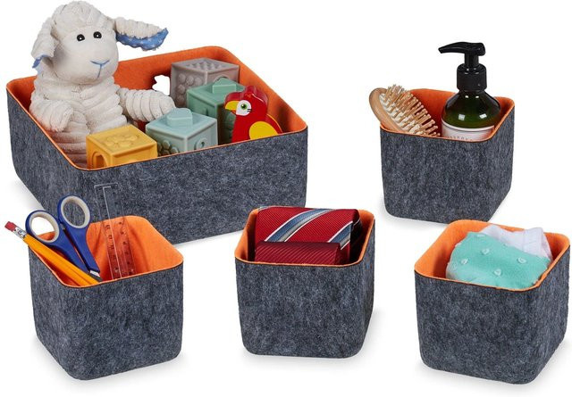 Relaxdays Schubladen Organizer aus Filz, 5-teilig, Dunkelgrau und Orange, B/T/H: 25 x 25 x 10,5 cm - Bild 1