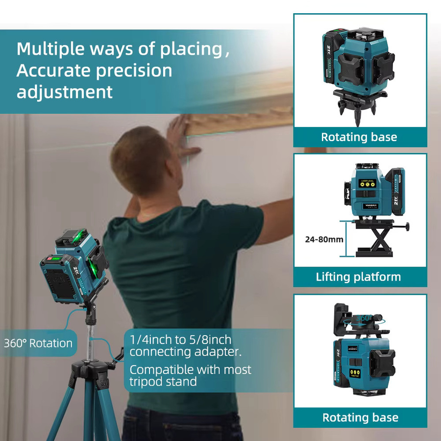 YOFIDRA 4D 16-Linien-Laser-Nivelliergerät mit 360 Grad horizontaler und vertikaler Nivellierung in Blau inklusive 1 m Stativ und Kompatibilität für Makita 21 V Akku-Pins - Bild 6