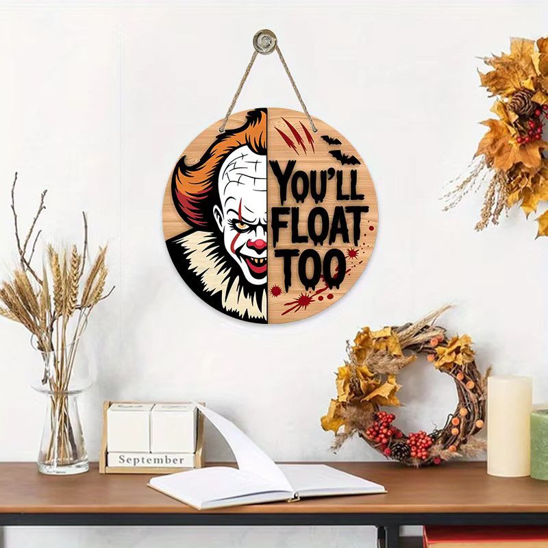 Rundes Holzschild von Potdemiel mit Pennywise-Clown und You'll Float Too Motiv für Halloween - Bild 3