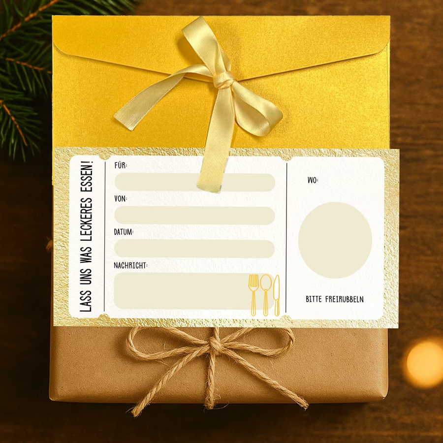 3-teiliges Gutschein-Kartenset für ein gemeinsames Essen in goldenem Design aus Papier - Bild 5