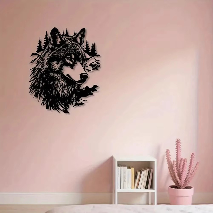 CIFBUY Vintage Eisen-Wolf 3D-Wandkunst aus Metall in Schwarz als wetterfeste Außenskulptur für den Garten - Bild 4