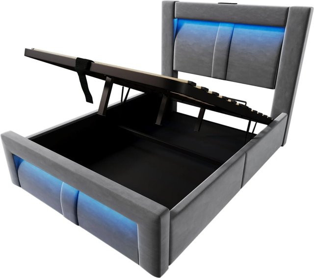 okwish Einzelbett mit Matratze und LED-Beleuchtung in Grau, inklusive USB-Ladeport, Nachttischregal und Lift-up-Funktion, B/T/H: 90 x 200 x 45,5 cm - Bild 1