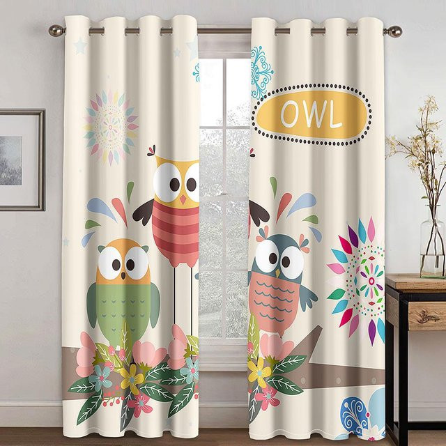 Yiran Furniture Kinder Vorhänge mit Eulen-Motiv, 2er-Set, Mehrfarbig, Breite: 100 cm, Höhe: 130 cm - Bild 1