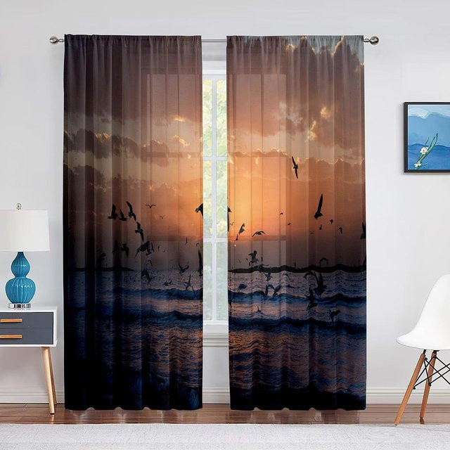 Transparenter Chiffon-Vorhang mit Vögeln und Sonnenuntergang Motiv, Tüllvorhang für Wohnzimmer, Schlafzimmer und Küche, Breite: 100 cm, Höhe: 250 cm - Bild 1