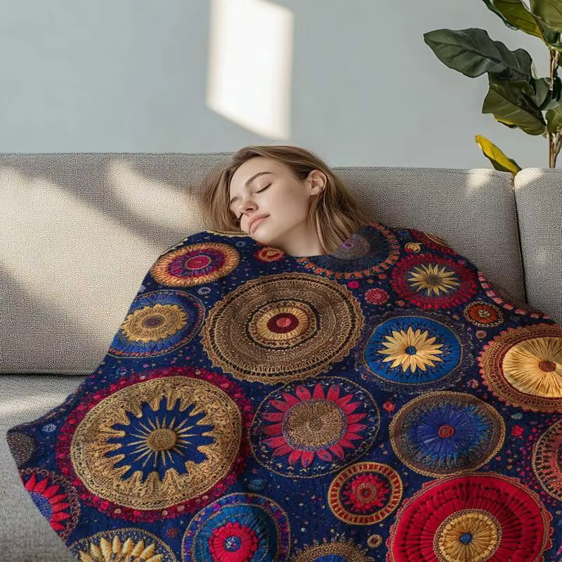 VIKAMA Flanell-Decke in Marineblau mit ethnischem Mandala-Design im Boho-Stil - Bild 2