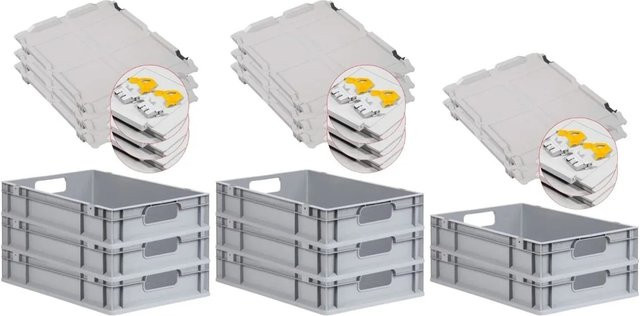 PROREGAL Spar Set 8x Eurobox Nextgen Economy mit Scharnierdeckel und gelben Schiebeschnappverschlüssen, Grau/Gelb, H x B x T: 12 x 40 x 60 cm - Bild 1