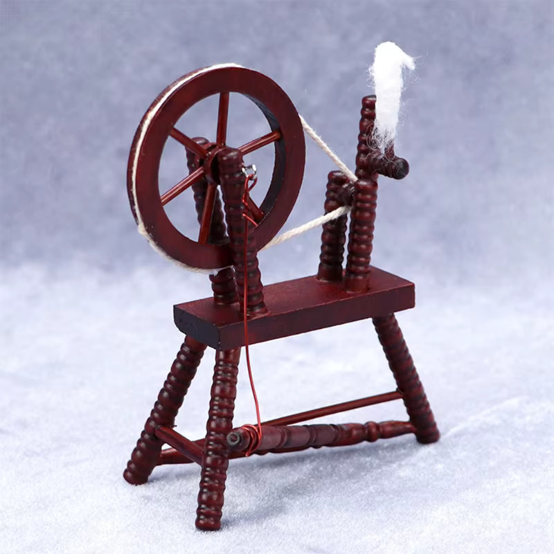 Mini-Spinnrad, Miniatur-Puppenhausmöbel, Holz, Braun - Bild 2