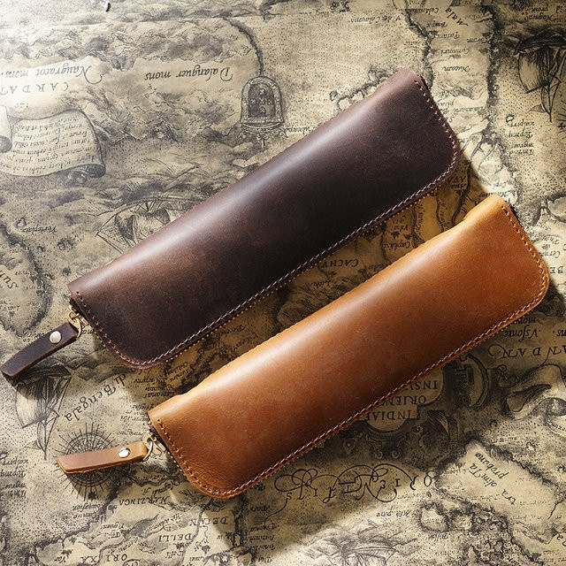 Vintage Leder-Stiftetui als Schreibwarenhalter und Aufbewahrungstasche mit Reißverschluss in Schwarz oder Braun - Bild 1