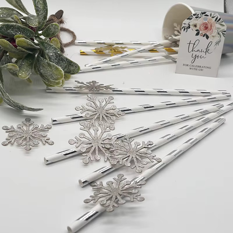 Glitzer-Schneeflocken Papierstrohhalme in Silber für Weihnachtsdekoration und Partyzubehör, 20 Stück - Bild 2