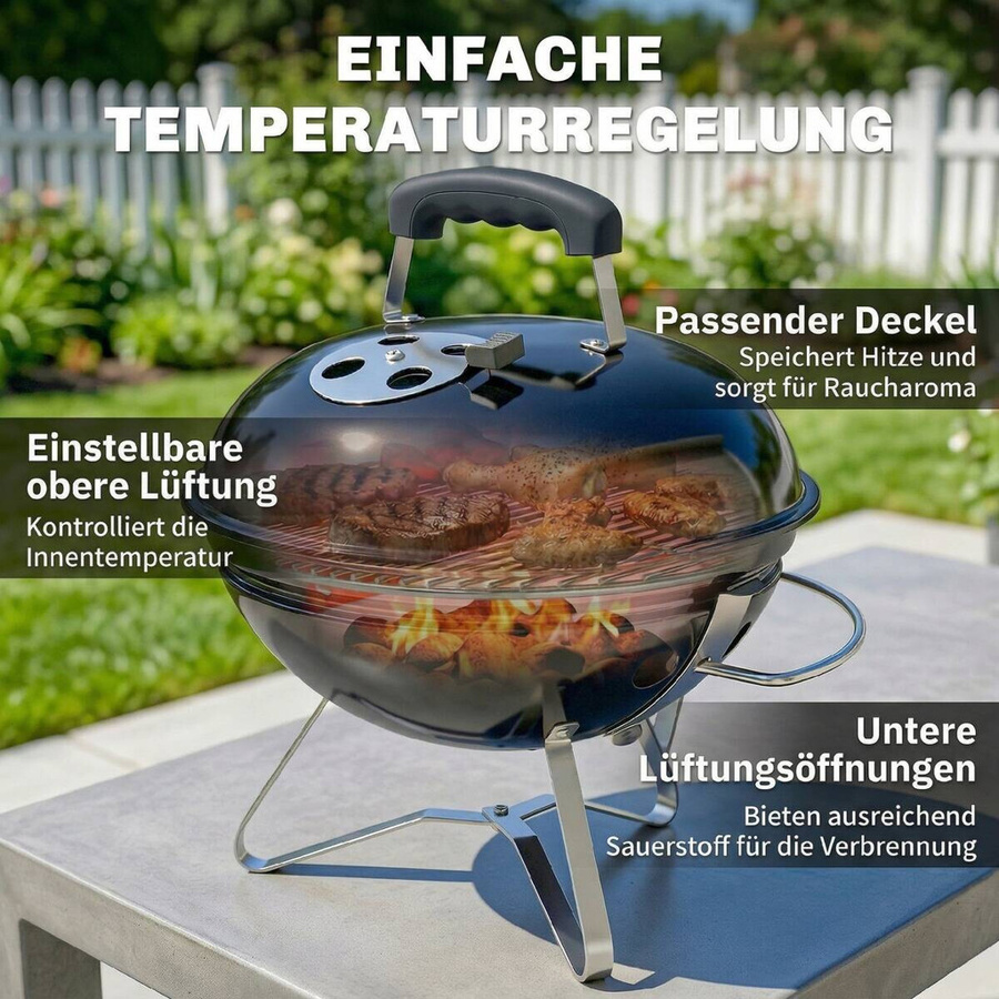 Outsunny Kugelgrill BBQ Smoker aus Edelstahl und emailliertem Stahl in Schwarz, B/H/T: 41 x 44 x 41 cm - Bild 5