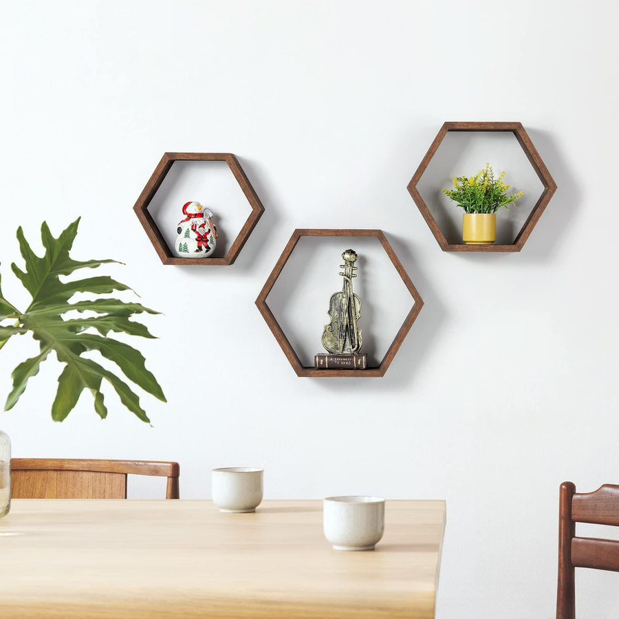 Yiran Furniture Wandregal aus Holz und Bambus in Sechseck-Form, braun, modernes Wandgitter für Sukkulenten und Dekoration im Wohnzimmer - Bild 2