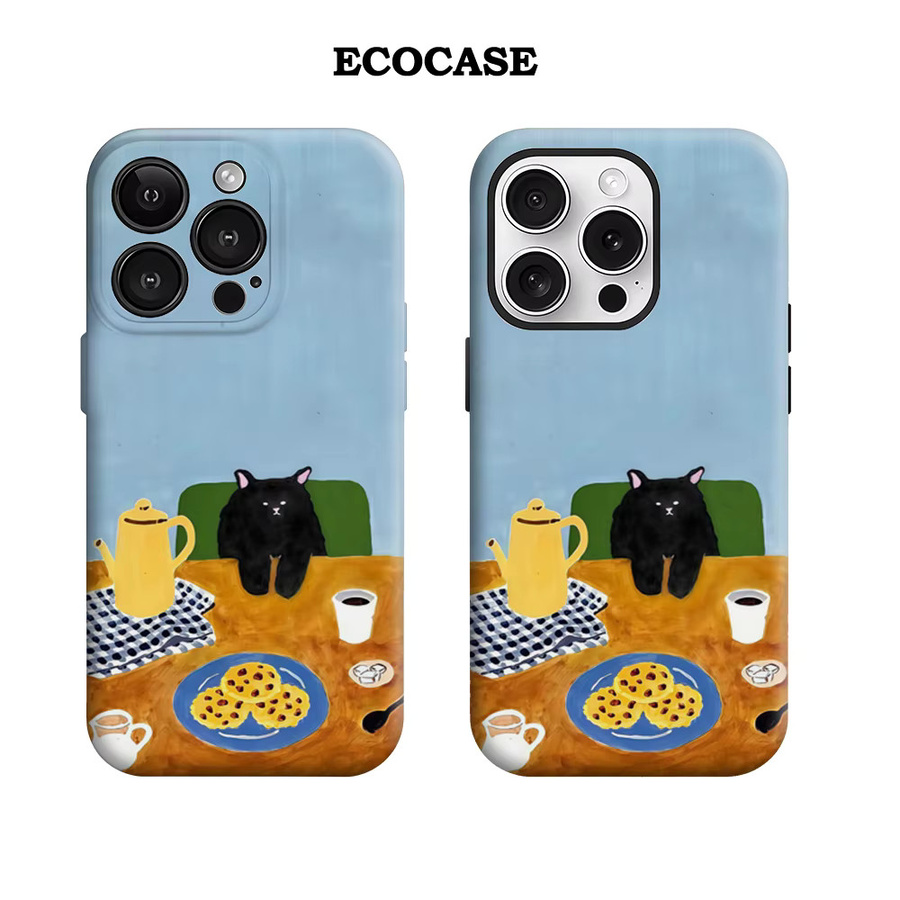 Potdemiel Handyhülle Cozy Black Cat Coffee Time für iPhone 17 16 15 14 13 12 Pro Max Plus mit doppelschichtiger Rückseite in Schwarz - Bild 2