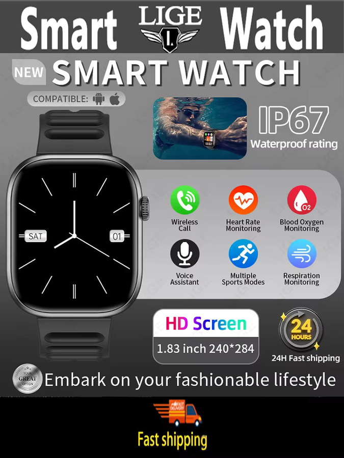 LIGE Smartwatch, 1,83 Zoll, Schwarz, Silikon, Herren - Bild 6