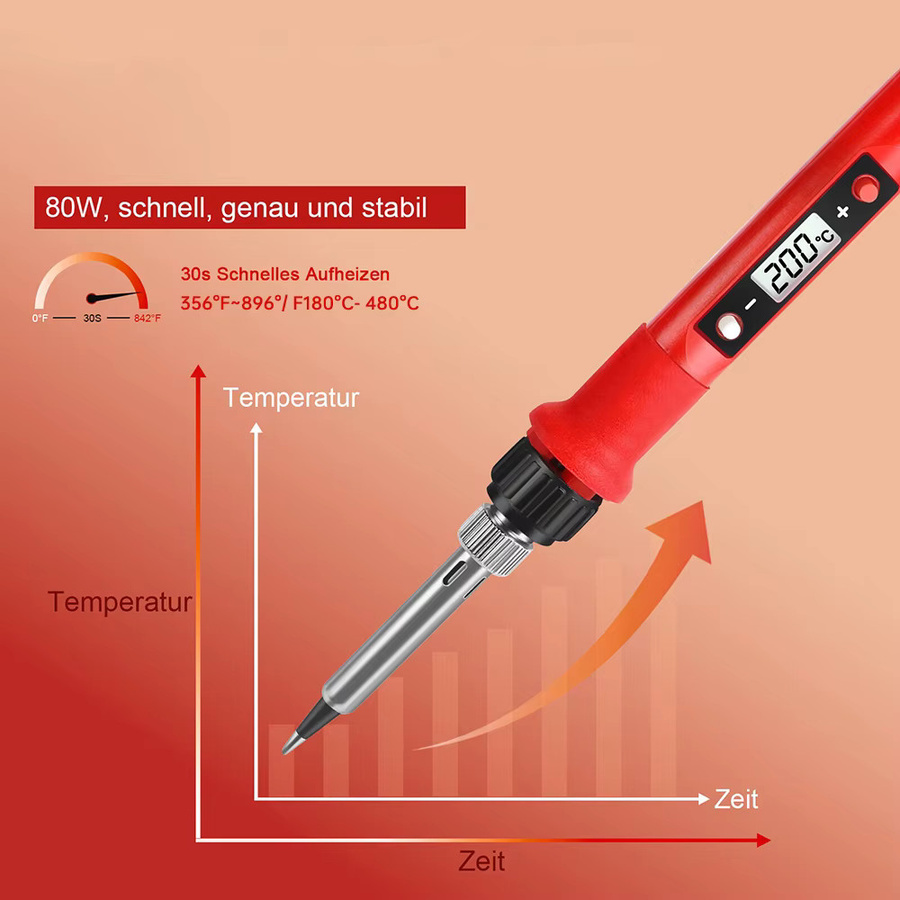 Podofo 80W Lötkolben-Set in Rot mit LCD-Anzeige, einstellbarer Temperatur, Keramikheizspitzen, Pinzette und Lötdraht für Leiterplatten - Bild 5