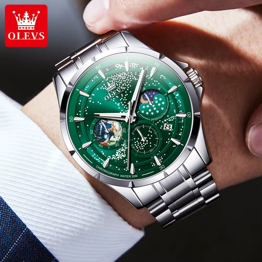 OLEVS Armbanduhr Chronograph, Quarz, Edelstahl, Grün, Herren - Bild 3