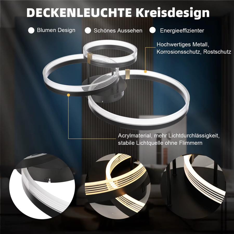 Oyajia LED-Deckenleuchte mit 3 Ringen, dimmbar, 42 W, 3-farbiges Licht mit Fernbedienung, Durchmesser: 70 cm - Bild 4
