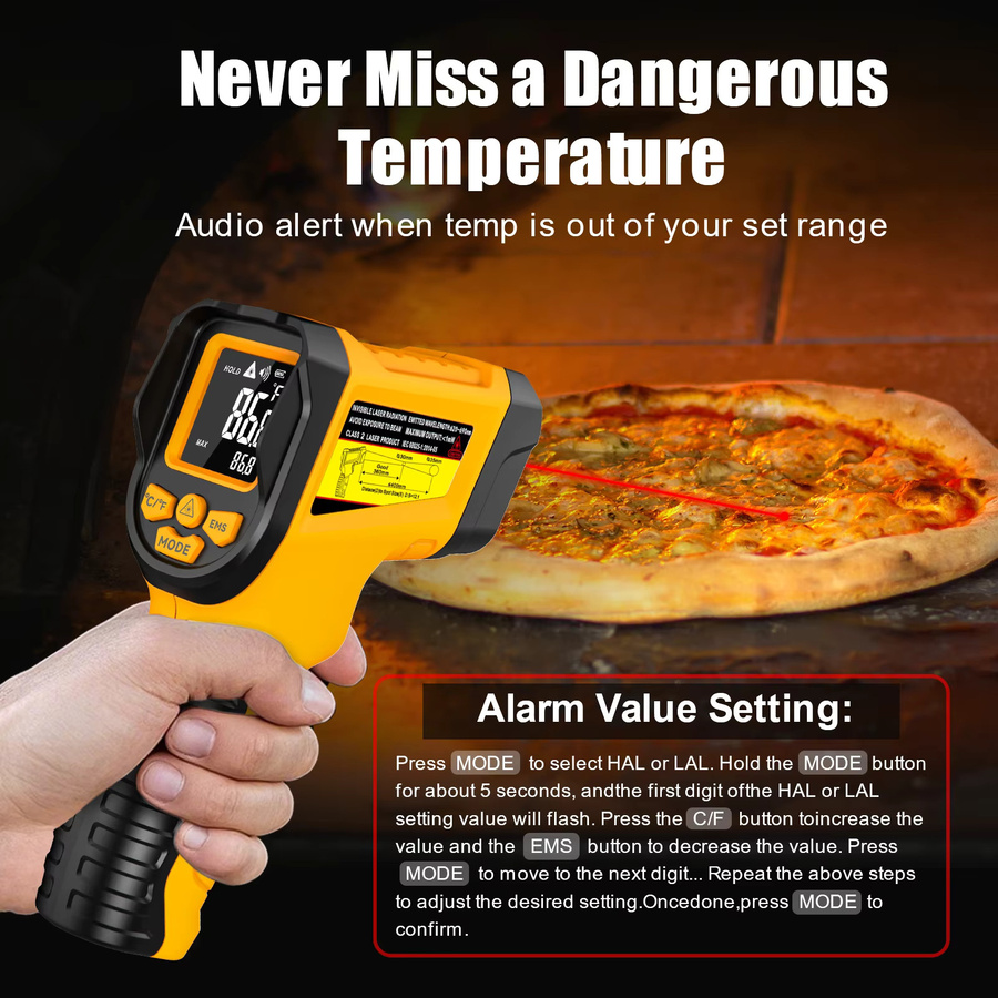 NJTY Infrarot-Thermometerpistole mit einstellbarem Emissionsgrad und Temperaturalarm in Rot und Gelb - Bild 4