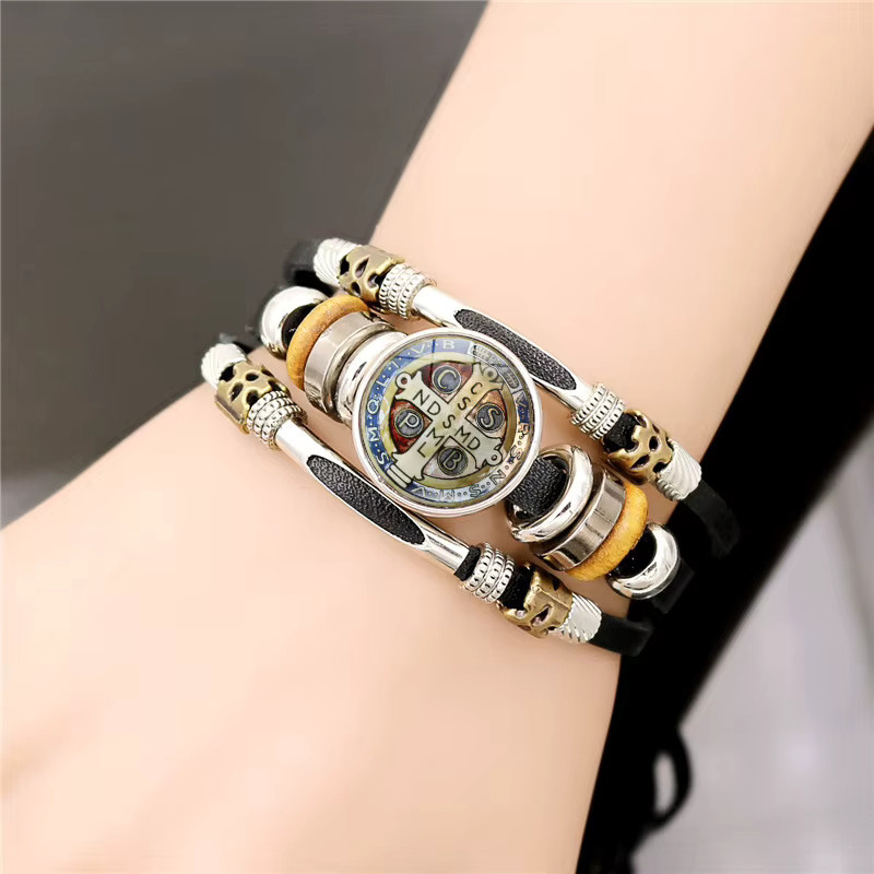 YUMEI Lederarmband, Heiliger Benedikt-Medaille, Silber, Unisex - Bild 2