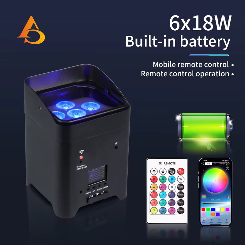 6x18W Akku-Par-Licht RGBWA UV 6IN1 LED DMX mit Smartphone-App-Fernbedienung für Party, Hochzeit und Bühnenbeleuchtung in Schwarz - Bild 2