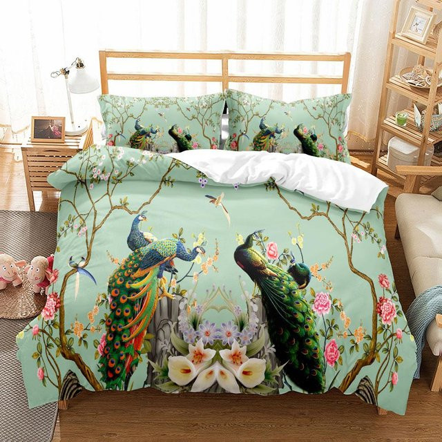 Bettwäscheset mit Pfau-Motiv von Binchi Outdoor Product in Grün, bestehend aus Bettbezug und Kissenbezug, B/H: 135 x 200 cm - Bild 1