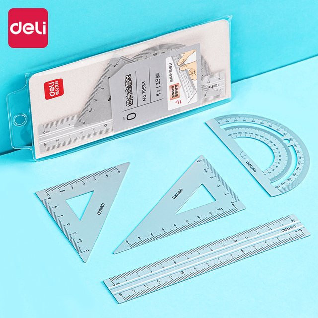 Deli Multifunktionales Lineal-Set aus Aluminiumlegierung in Silber mit Dreieckslineal und Winkelmesser für Schule und Zeichnungen - Bild 1