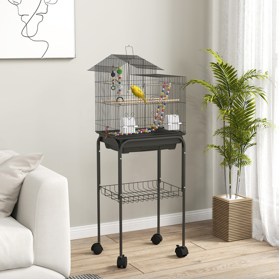PawHut Vogelkäfig mit Ständer und Rollen in Schwarz, Vogelvoliere mit Netzregal, Schaukel, Näpfen und Spielzeug, H x B x T: 120 x 46 x 36 cm, Aosom - Bild 2