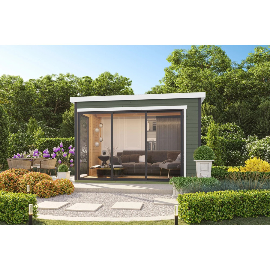Lasita Holz-Gartenhaus Austin mit Flachdach in Grüngrau, B/H/T: 379,6 x 239,4 x 259,6 cm - Bild 3