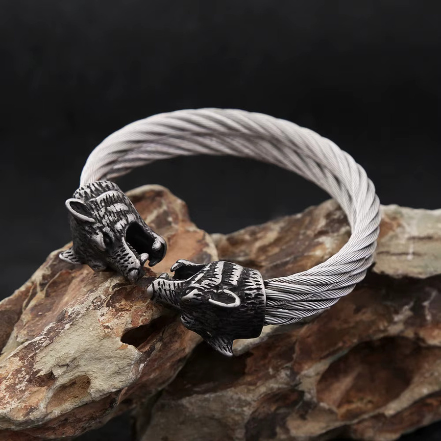 NORTHMAN Armband, Doppel Wolf Kopf, Edelstahl, Silber, Herren - Bild 3