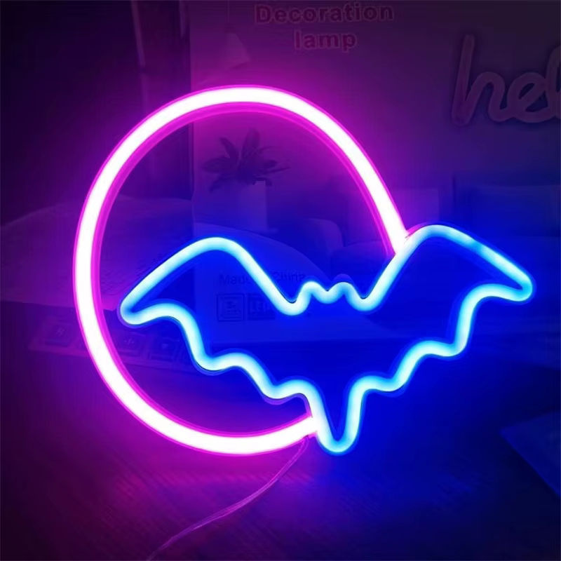 Fledermaus-Neonschild mit Mond-Motiv als LED-Dekoration für Wand und Tisch, betrieben mit USB oder 3-AA-Batterien - Bild 3