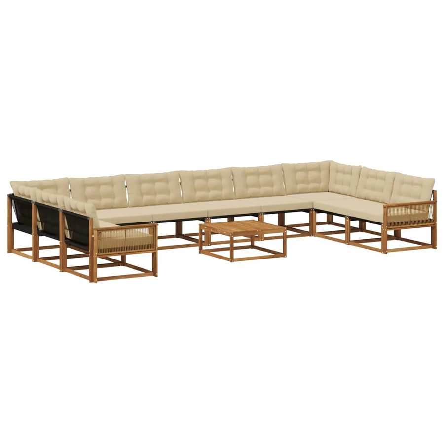 vidaXL Outdoor-Sofagarnitur in U-Form aus Akazienholz mit 11-teiligem Set, Farbe Natur-beige und Beige, inklusive wetterbeständiger Textilene-Kissen - Bild 2
