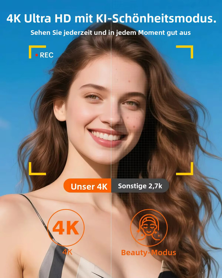 W&O 4K Vlogging-Kamera mit 180 Grad Klappbildschirm, Ringlicht und Beauty-Modus in Schwarz inklusive 32G SD-Karte - Bild 6