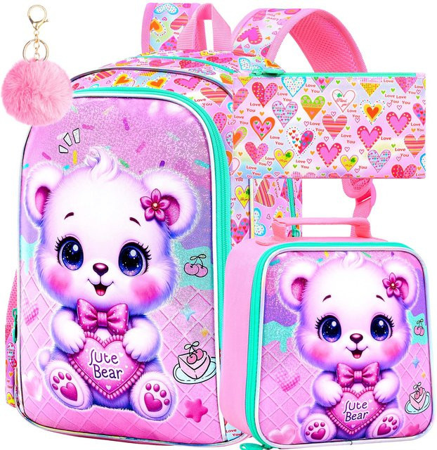 3-teiliges Rucksack-Set für Mädchen von Fancy Style Studio mit Bären-Motiv, Grundschulrucksack und Brotdose, Lila/Pink - Bild 1