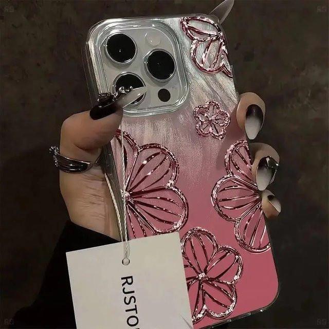 Stilvolle Handyhülle aus Farbverlaufsglas mit Blumenmuster für iPhone 17 16 15 14 13 12 11 Pro Max Plus, stoßfest und rutschfest, in Pink oder Silver - Bild 1