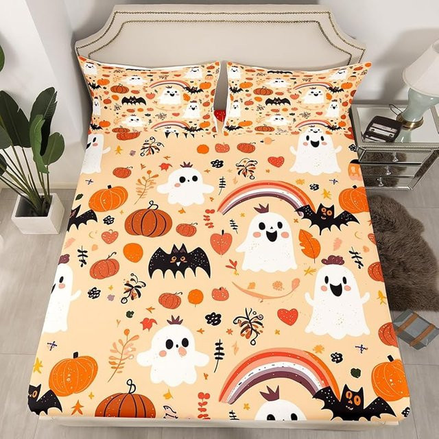 Allbestart Halloween Bettwäsche-Set mit Geistern, Fledermäusen und Kürbis-Motiven, Farbe: Orange, B/H: 135 x 200 cm - Bild 1