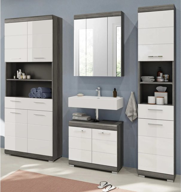 Inn.Furn Badmöbel-Set Shawn in Weiß Hochglanz und Grau, 4-teilig, modern mit LED-Beleuchtung - Bild 1