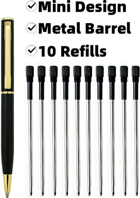 Joy Corner Mini-Kugelschreiber aus Metall mit 10 Ersatzminen in Schwarz mit Drehmechanismus - Bild 1