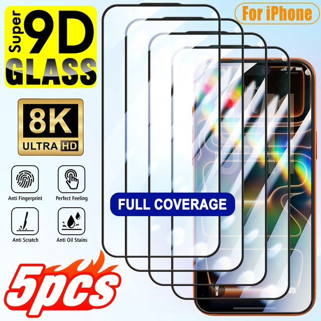 5 Stück 9D Ultra HD Panzerglas Displayschutzfolie für Apple iPhone Modelle in Transparent mit vollständiger Abdeckung und hoher Klarheit - Bild 1