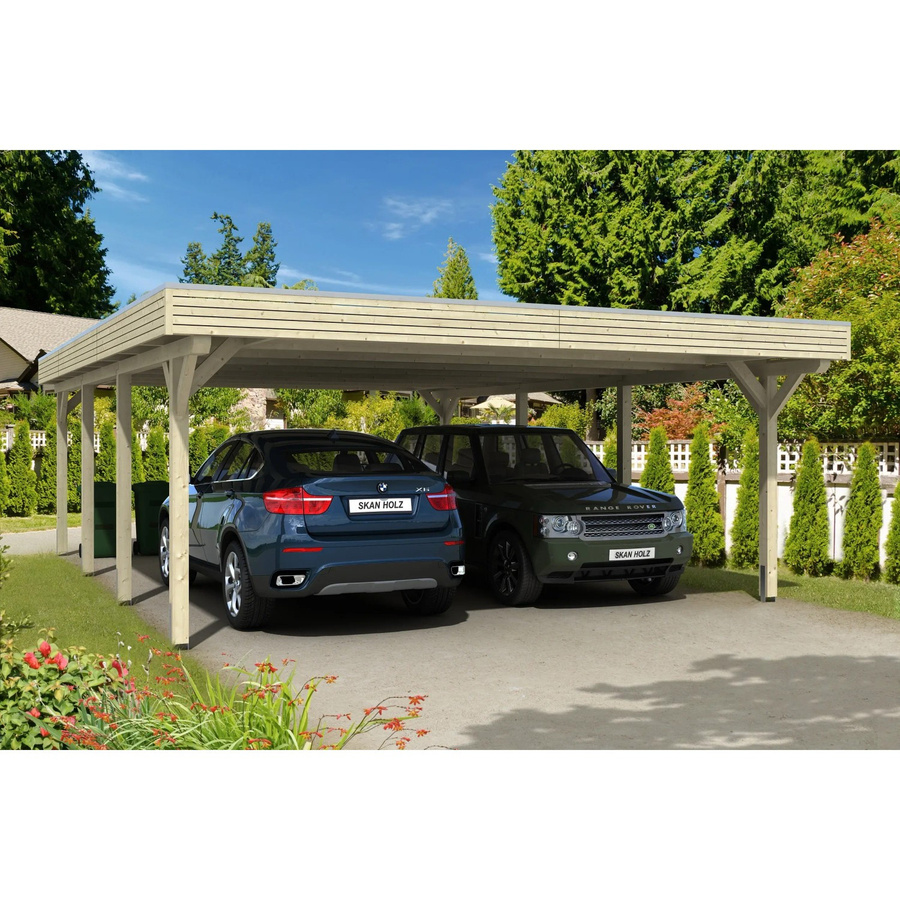 Skan Holz Doppelcarport Spessart Flachdach aus Fichte in Beige mit Aluminium-Dachplatten, B/T: 611 x 846 cm, Höhe: 258 cm - Bild 2
