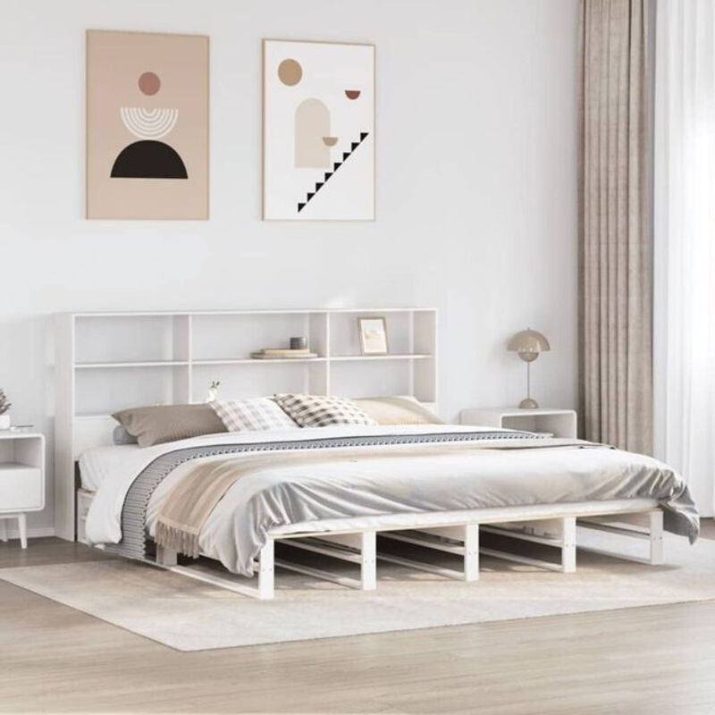 Massivholzbett aus Kiefer mit Regal in Weiß von Vidaxl, B/T/H: 180 x 200 x 110 cm - Bild 1