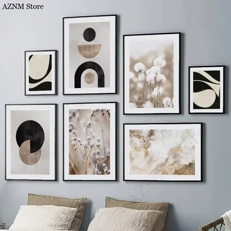 Potdemiel Wandkunst Vintage Blume Kreisförmig Leinwandmalerei in Beige, Schwarz und Weiß - Bild 2