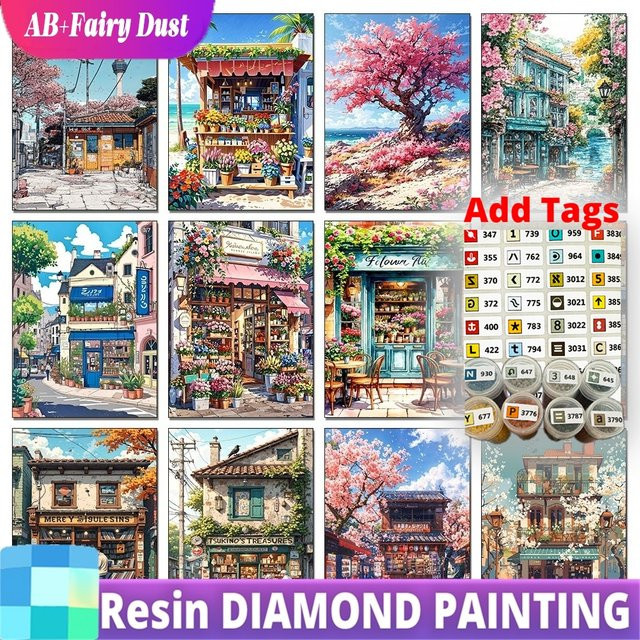 Potdemiel Diamantmalerei DIY Bastelset Straßenlandschaft mit Kirschblüten und Mount Fuji in Mehrfarbig - Bild 1