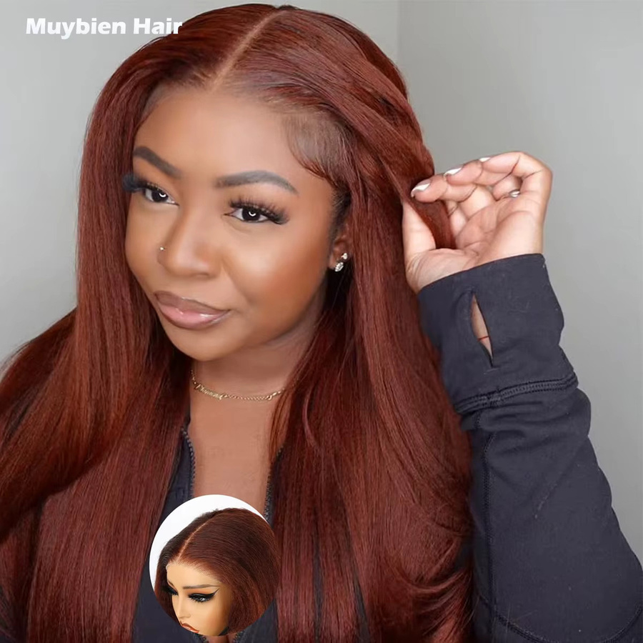 Muybien Hair Kinky Straight Lace-Perücke aus Echthaar, rötlich-braun, Damen - Bild 2