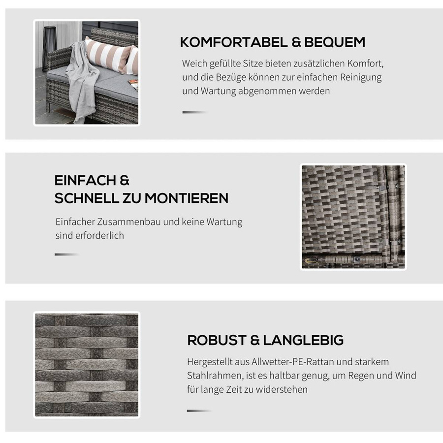 Outsunny Garten-Loungesofa aus Rattan mit Kissen in Grau und Beige, 3-Sitzer mit Armlehnen und Metallrahmen, Breite: 173 cm, Höhe: 78 cm, Tiefe: 68 cm - Bild 3