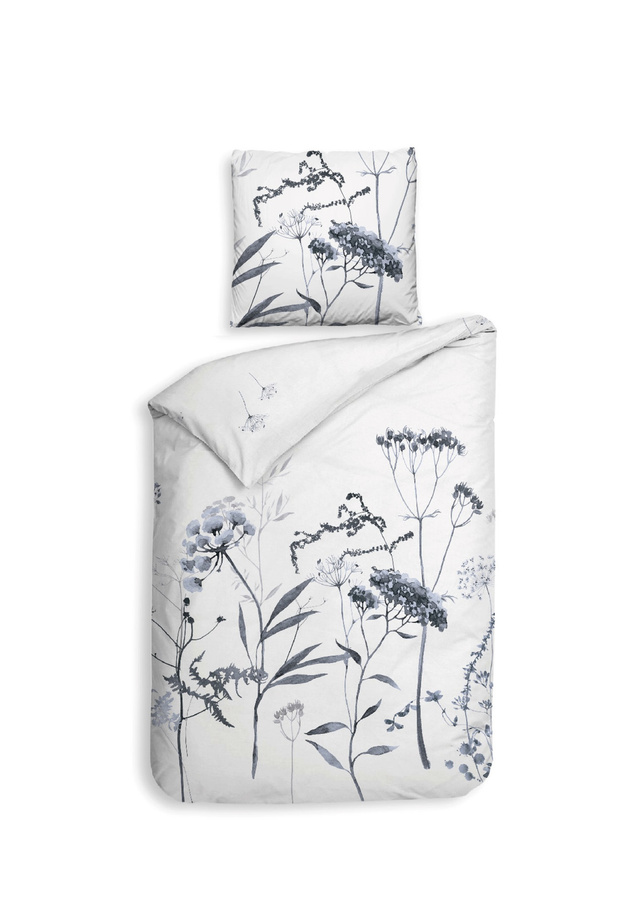Heckett & Lane Mako-Satin Bettwäsche Luna White Wiesenblumen Gräser in Weiß und Blaugrau, Set bestehend aus Bettbezug und Kissenbezug, B/H: 155 x 220 cm sowie 80 x 80 cm - Bild 1