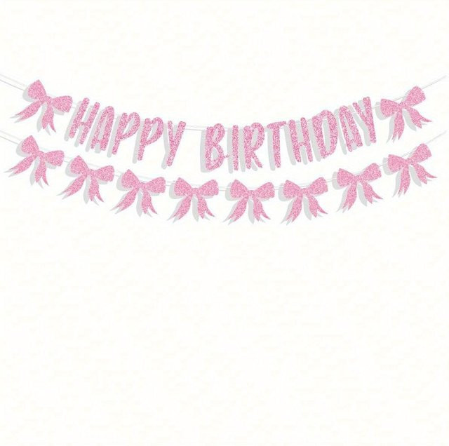 SZwatch Happy Birthday Banner mit Schleife und Pailletten in Rosa als Partydekoration - Bild 1