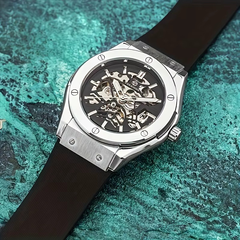 FORSINING Armbanduhr, mechanisch, Skelett-Design, Silikonarmband, Schwarz, Herren - Bild 1